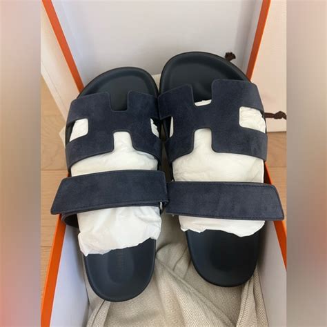 HERMES Suede Chypre Sandals BLEU CELESTE Navy Blue .